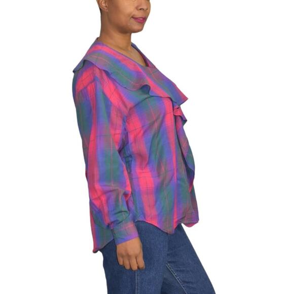 Ruffle Collar Blouse Vintage Pink Purple Plaid 90s Button Front Top Size Medium - Picture 3 of 12